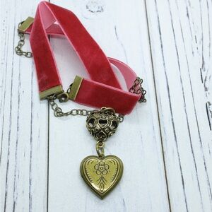 Gold and Pink Heart Pendant Necklace with Velvet Ribbon